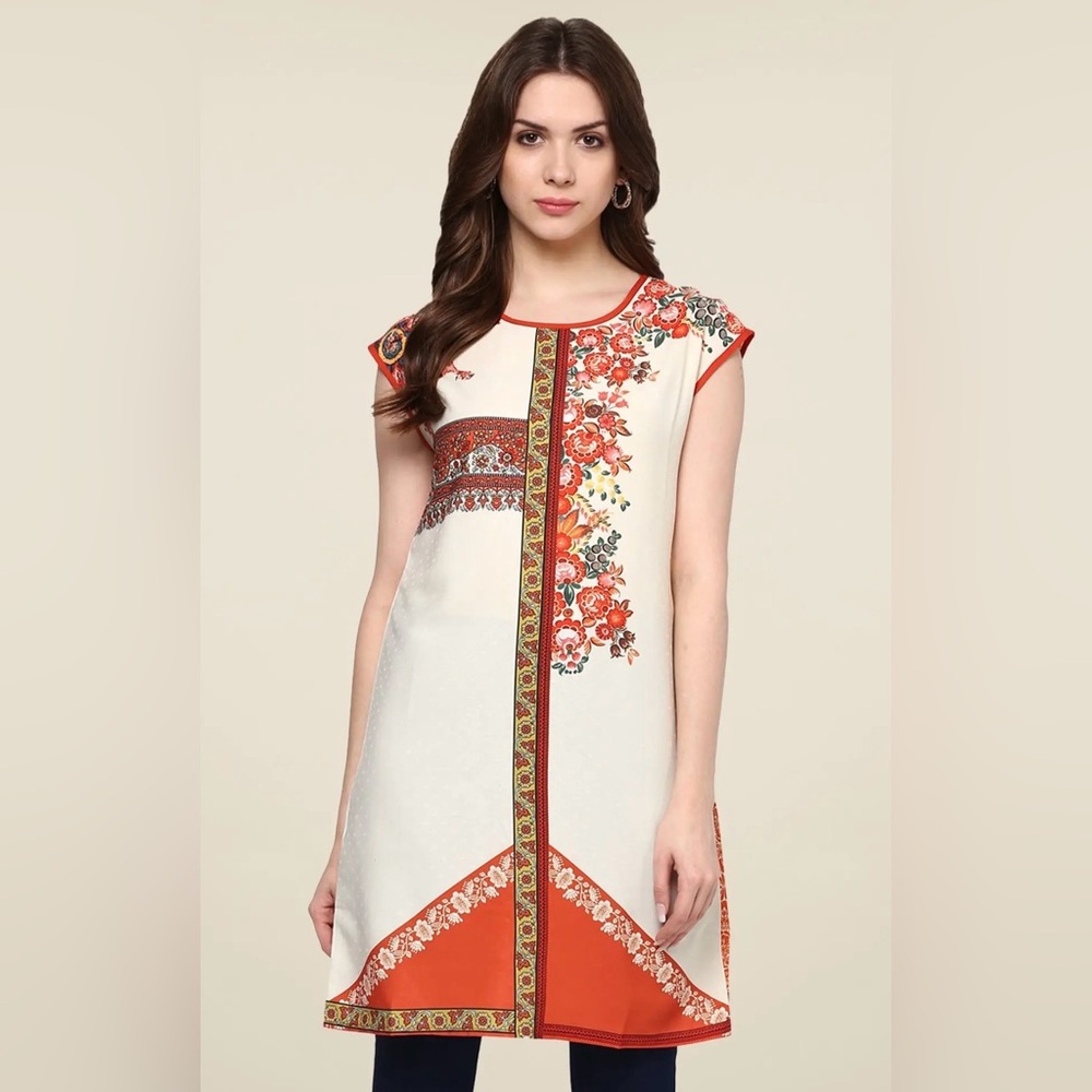 Cream and Orange Floral Trim Cap Sleeve Tunic Top